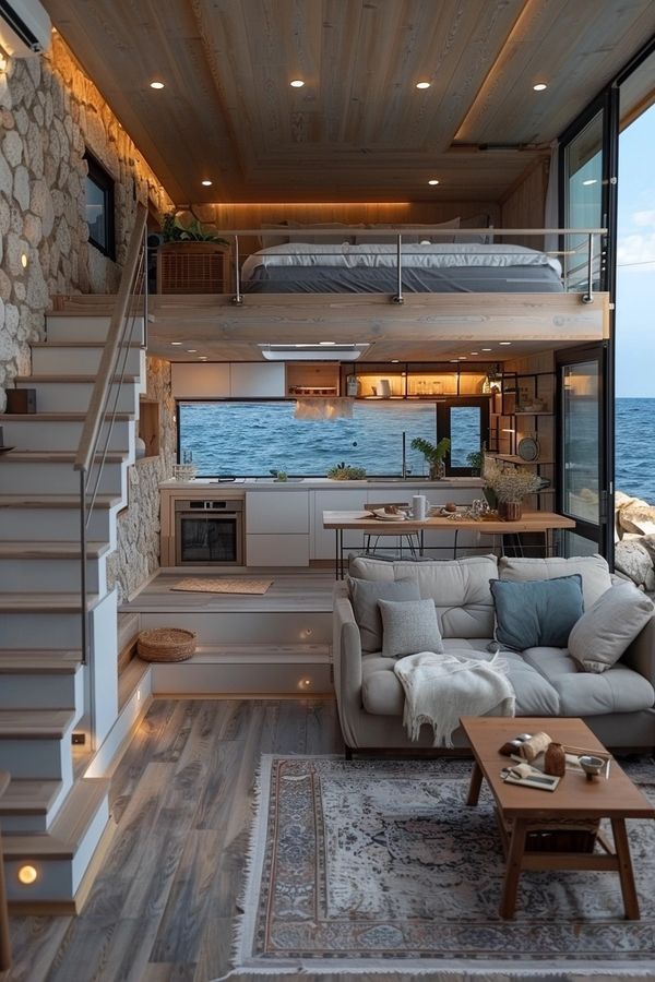 a living room filled with furniture next to a large glass window overlooking the ocean on top of a wooden floor