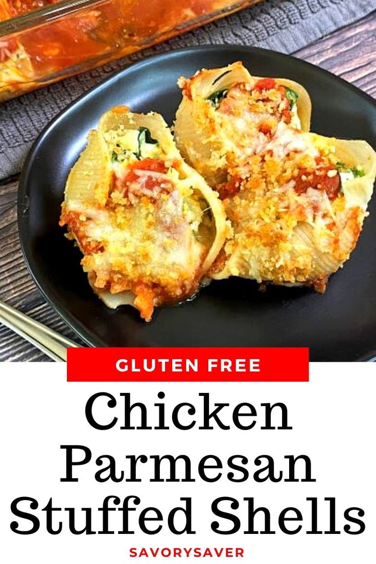 chicken parmesan stuffed shells on a black plate with text overlay that reads gluten free chicken parmesan stuffed shells