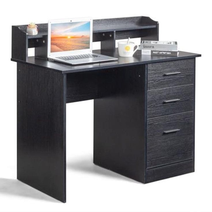 a computer desk with a laptop on top of it and drawers underneath the desk area