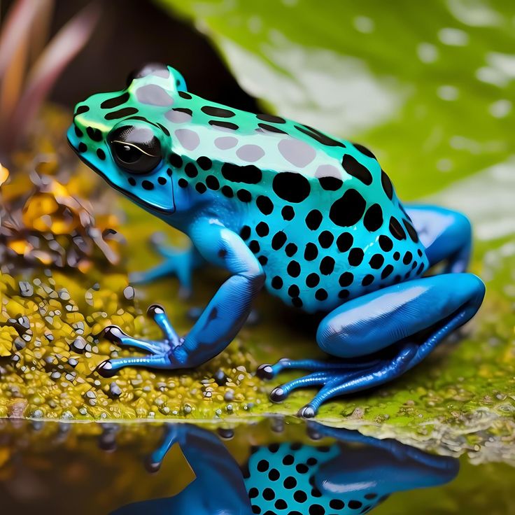 a blue and black frog sitting on top of a leaf