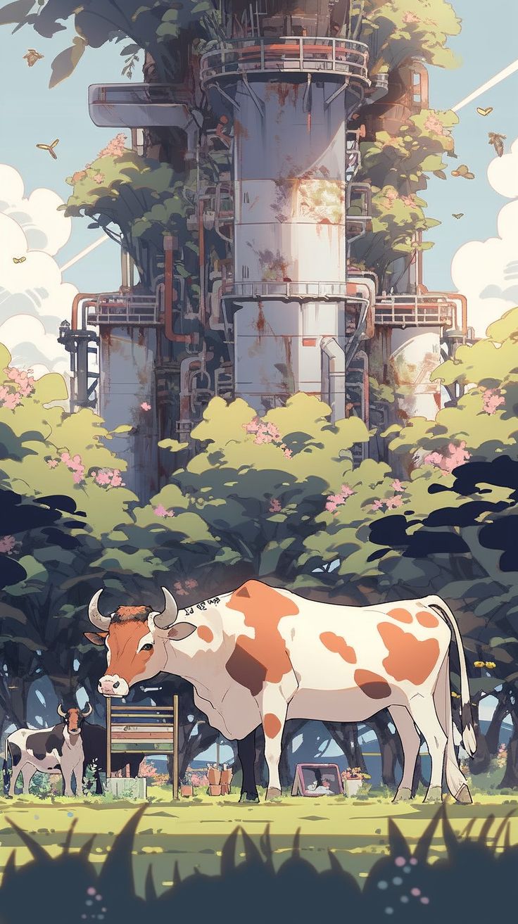 a cow standing in front of an industrial plant with trees and flowers around it's perimeter