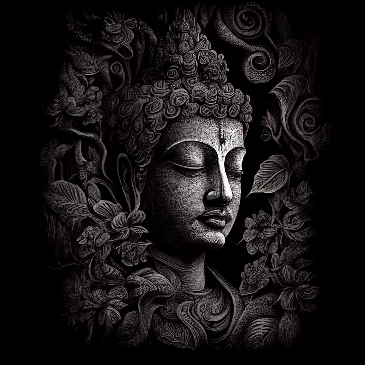 a black and white photo of a buddha statue with flowers on it's head