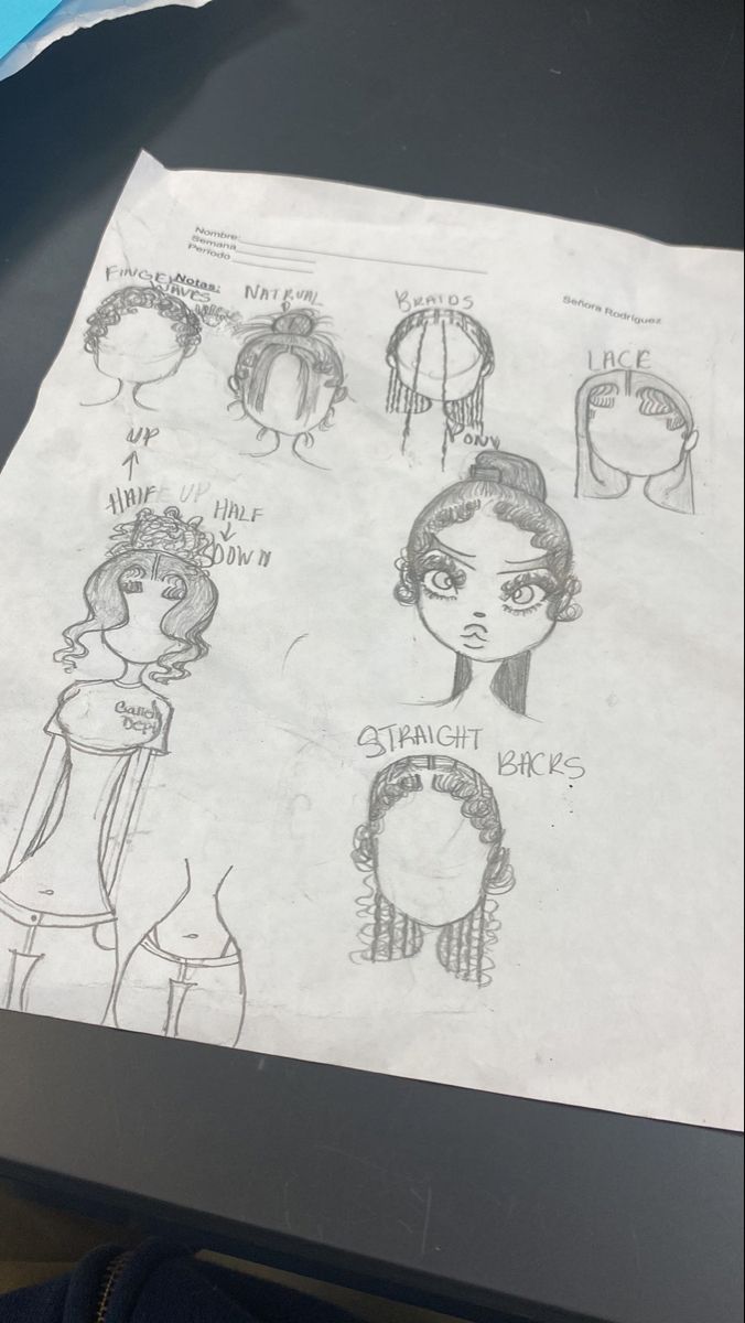 the drawing shows different hairs styles on paper