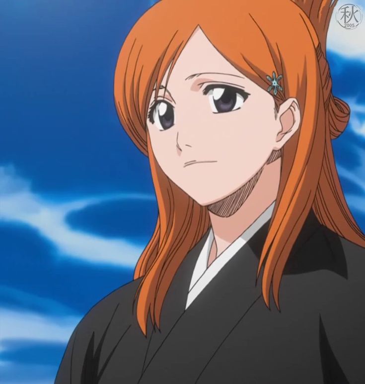 an anime character with long red hair and blue sky behind her is staring at the camera