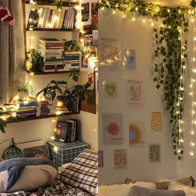 a bedroom decorated for christmas with lights on the wall and bookshelf in the corner