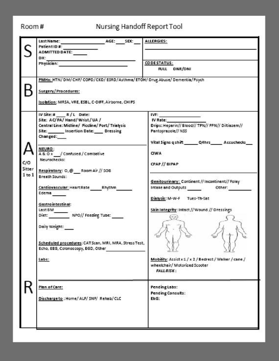 the nursing report is shown in black and white, with an image of a man's body