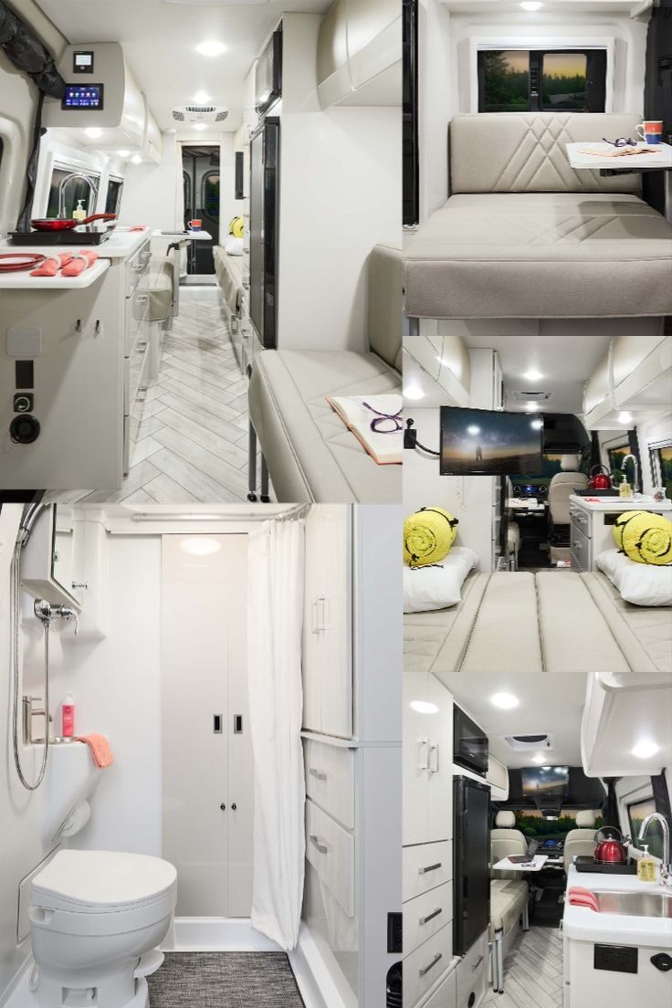 the interior of an rv with all white furniture and accessories, including a bed, sink, refrigerator, microwave, and toilet