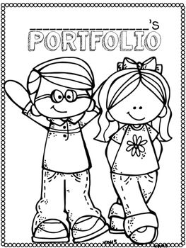 a coloring page with two children in front of the word's name and an image of