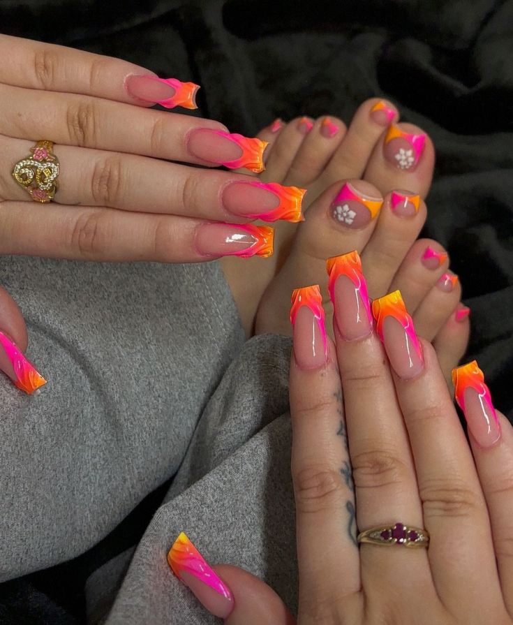 Nail Inspiration Multicolor, Pink Orange And Gold Nails, Pink And Orange Ombre Nails Art Designs, Vibrant Nail Ideas, Nail Ideas Orange And Pink, Royal Blue And Orange Nails, Pink And Orange Acrylic Nails, Jamaican Nail Designs, Orange And Pink Nail Designs