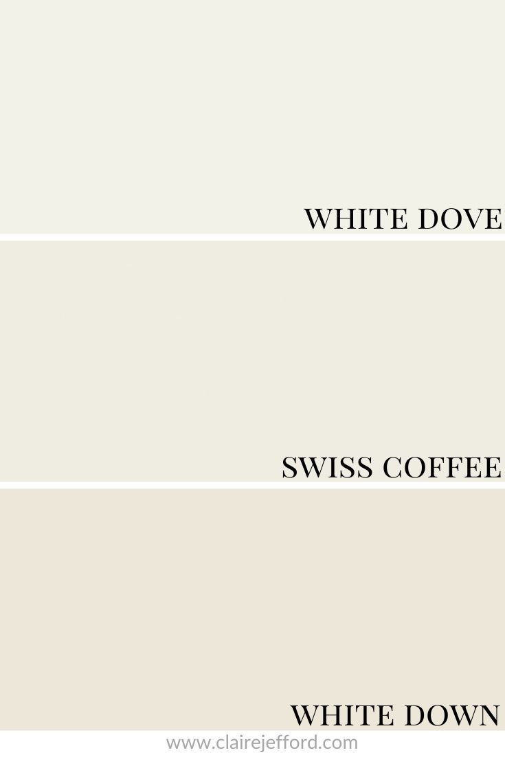 three different shades of white paint with the words white dove, swiss coffee and white down