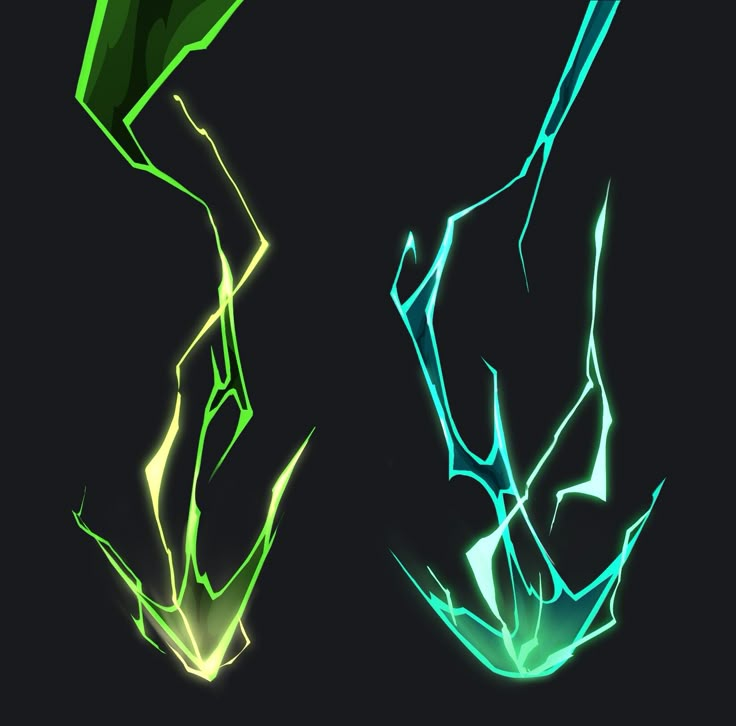 three different types of green and blue lights on a black background, each with an abstract design