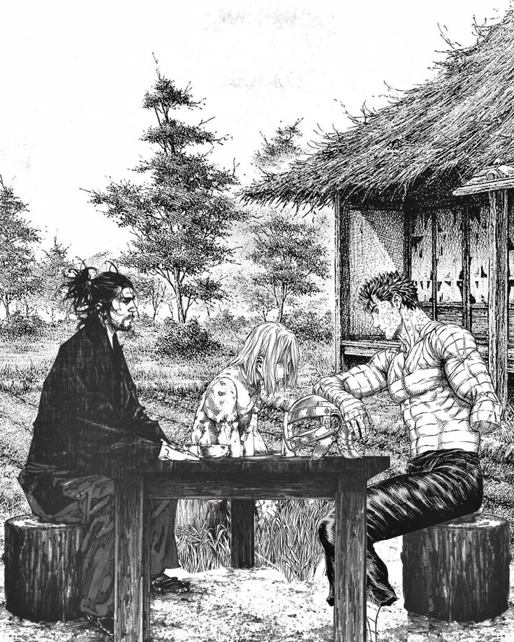 two people sitting at a table playing chess in front of a thatched roof hut