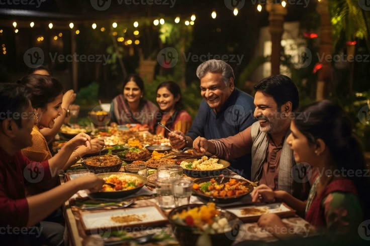 a group of people sitting around a dinner table eating food and smiling at the camera