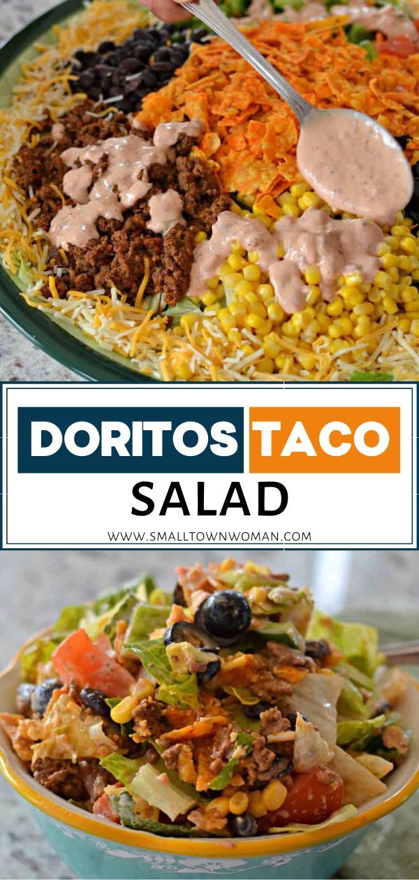 two pictures showing different types of taco salads with text overlay that reads, doritos taco salad