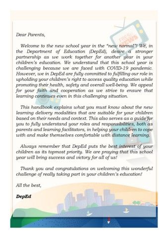 the back page of a book with an image of a city in the background and text that reads dear parents, welcome to the new school year