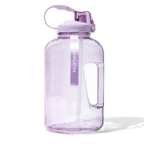 a purple water bottle with a handle on the side and a straw in it's mouth