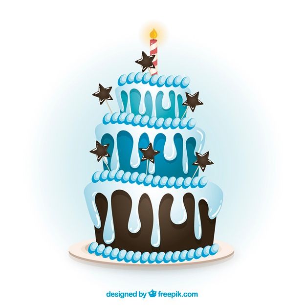 a blue and white birthday cake with stars on it's top is lit by a single candle