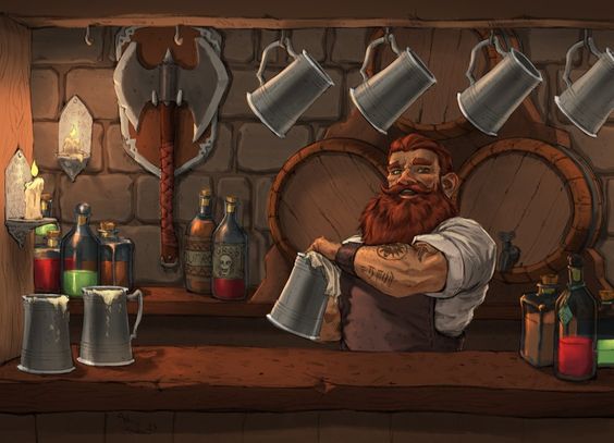 a man standing in front of a bar with beer mugs