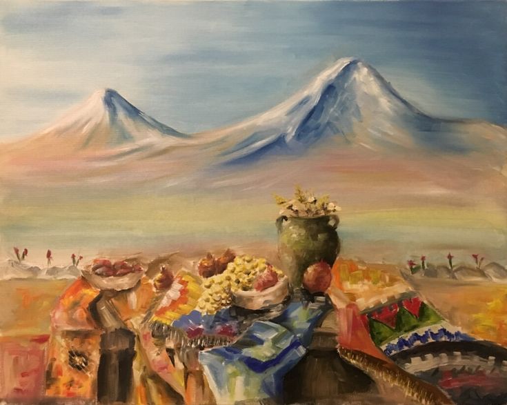 an oil painting of a basket with food on it and a mountain in the background