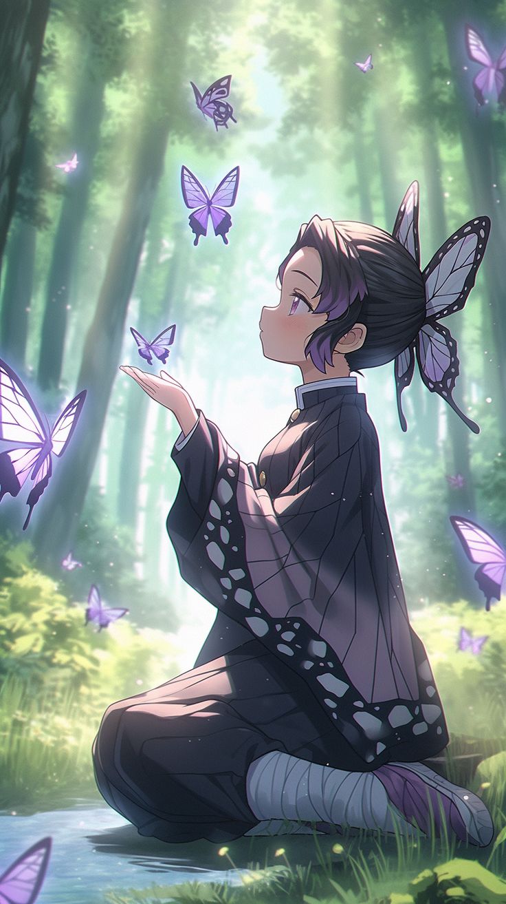 a woman sitting on the ground with butterflies flying around her and looking at something in the air