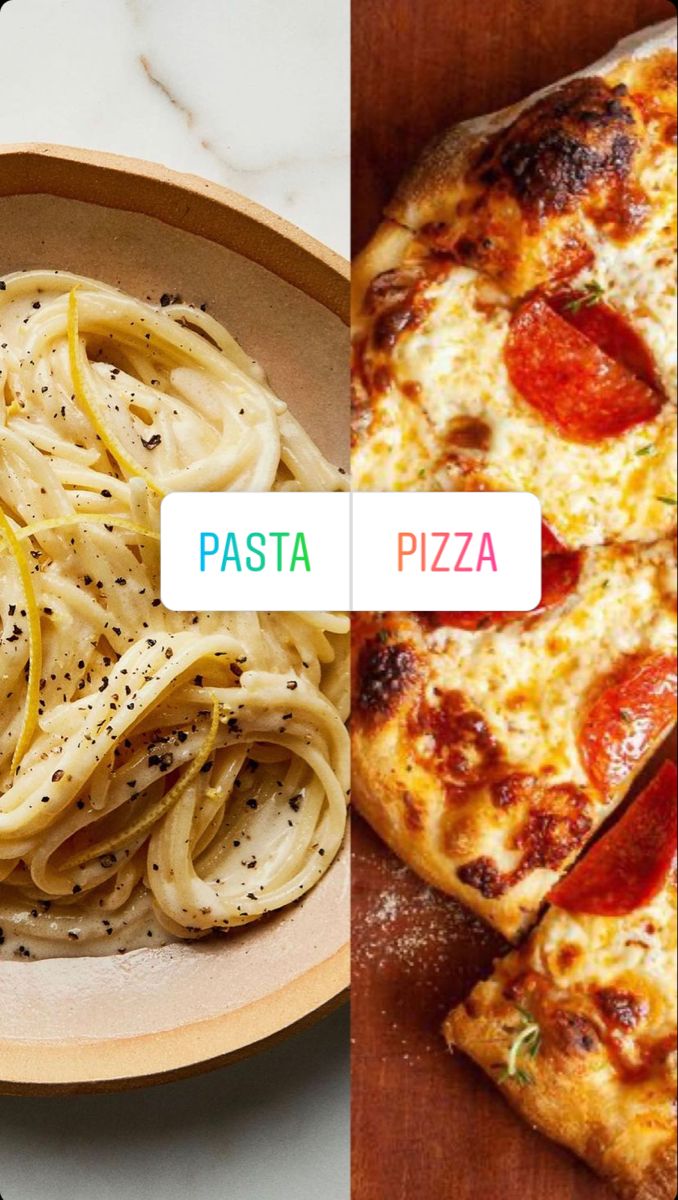 two pictures one with pasta and the other with pizza