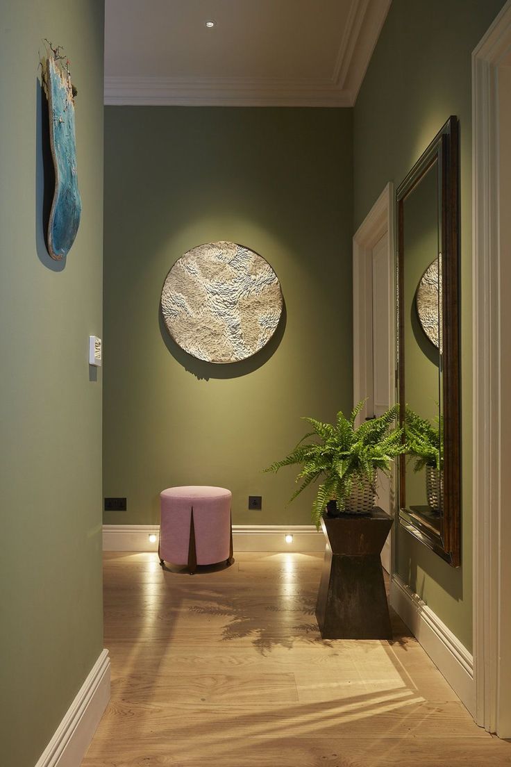 a hallway with two circular mirrors and a plant in the corner on the floor next to it