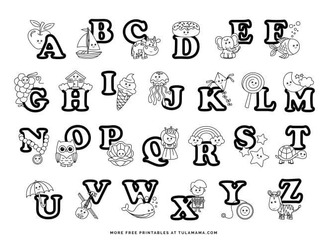 the alphabet is outlined in black and white with letters, numbers, and animals on it