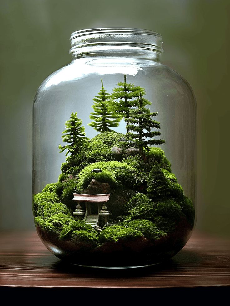 a glass jar filled with moss and trees