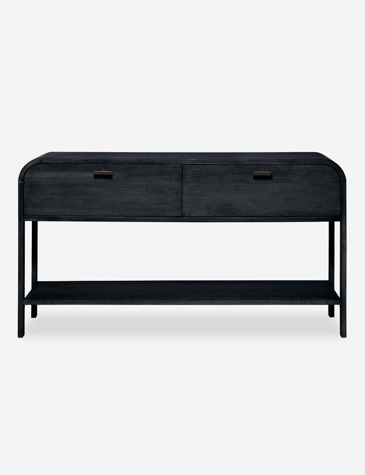 a black coffee table with two drawers on one side and an open drawer on the other