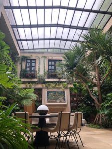 an outdoor dining area with lots of greenery and potted plants on the table