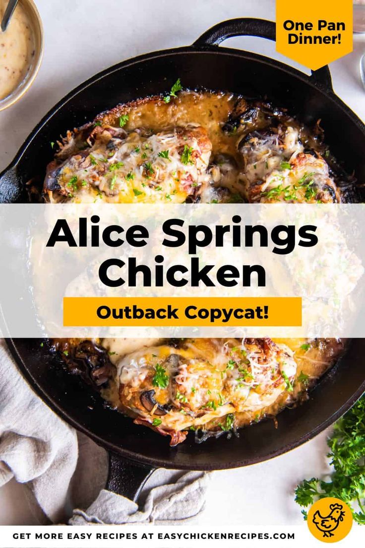 a skillet with chicken in it and the words alice springs chicken outback copycat