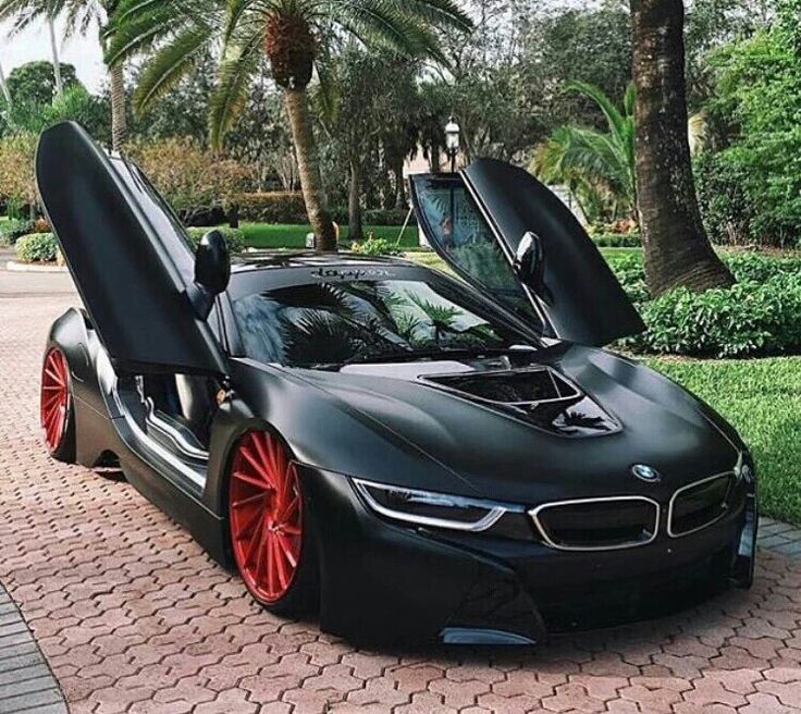 a black sports car with its doors open on a brick walkway in front of palm trees