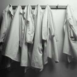 three white coats hanging on a coat rack