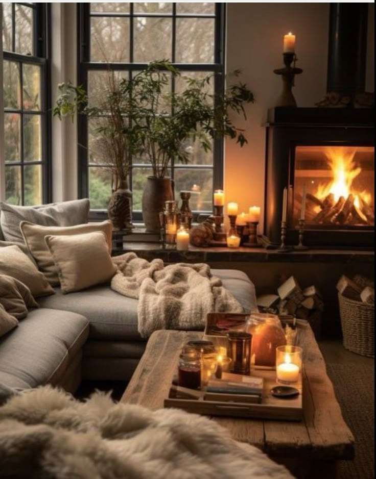 a living room filled with furniture and candles