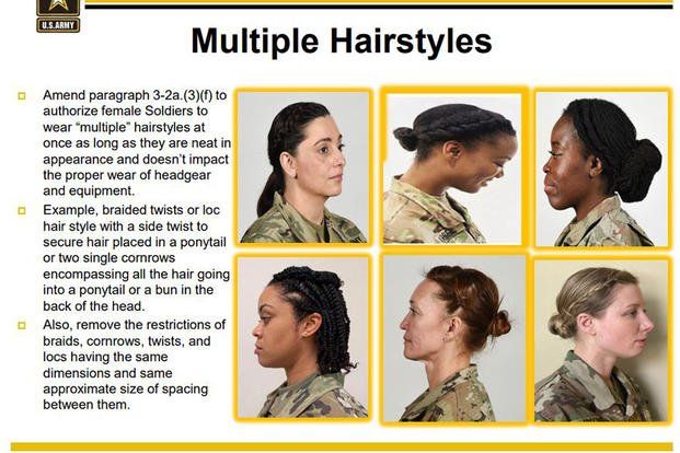 An Army-wide briefing shows new hair regs for women. (U.S. Army graphic) 25th Infantry Division, Military Hair, Traction Alopecia, Standing At Attention, Army Reserve, Single Braid, Master Sergeant, Warrant Officer, Chain Of Command