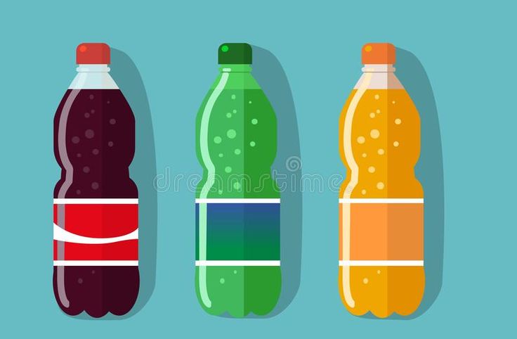 three plastic bottles with different flavors and colors on blue background royalty illustration for advertising or web design