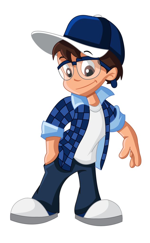 a cartoon boy with glasses and a cap is pointing to the side while wearing a blue scarf