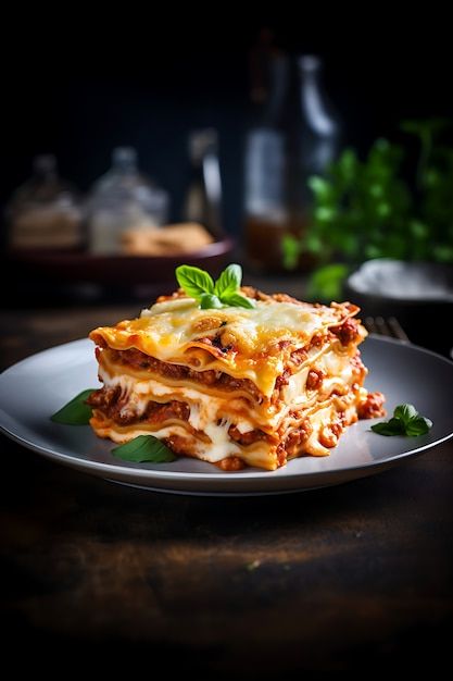 a stack of lasagna stacked on top of each other with fresh basil leaves