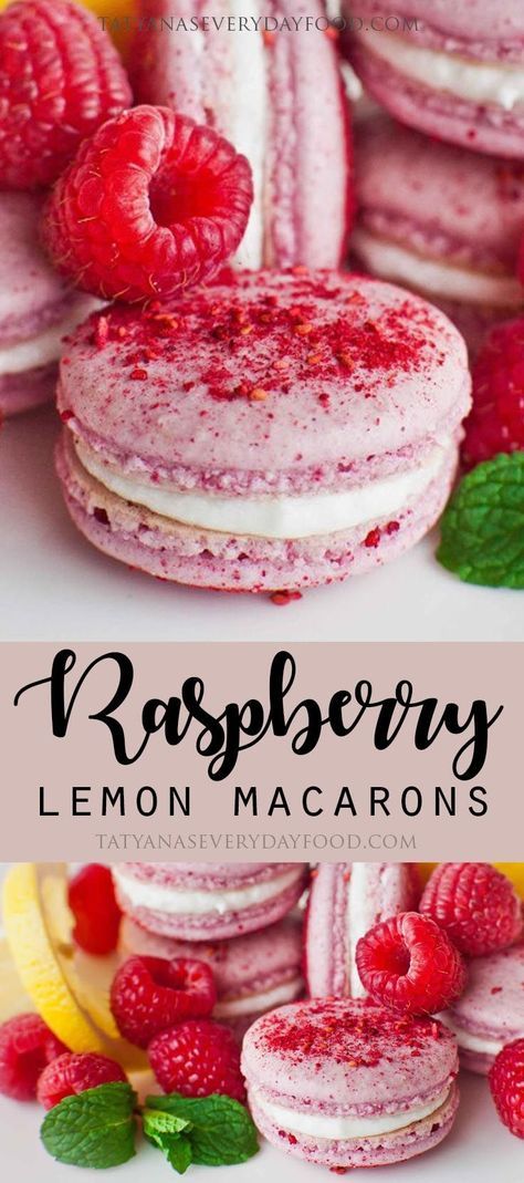 raspberry lemon macarons with fresh raspberries on top and the words raspberry lemon macaroons