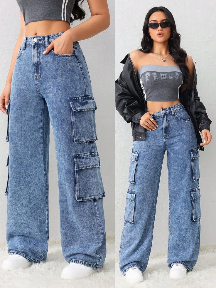 Women's Jeans Casual Loose Straight Cargo Pants Blue Women's Jeans Tall Women Pants Women Overalls Cargo Women Jeans Baggy Jeans Race Car Driver Fall Clothes Thanksgiving Medium Wash Casual   Denim Plain Wide Leg Non-Stretch Winter,Fall/Winter Women Clothing, size features are:Bust: ,Length: ,Sleeve Length: