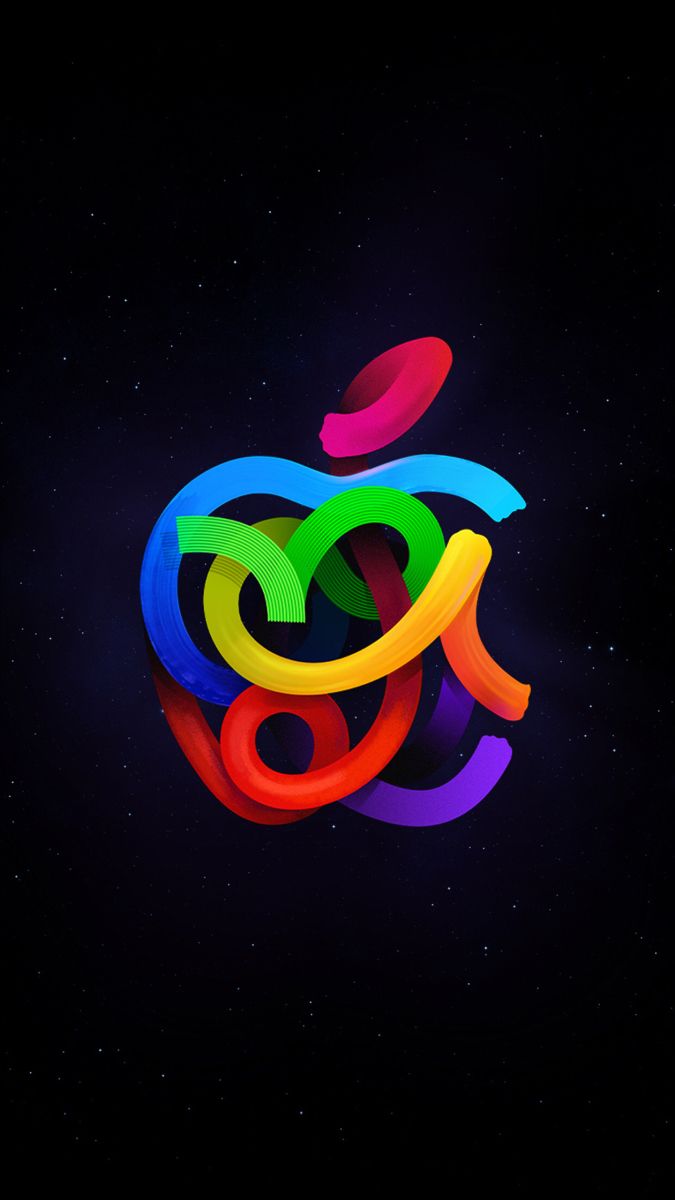 an apple logo is shown on a dark background with colorful swirls and circles around it