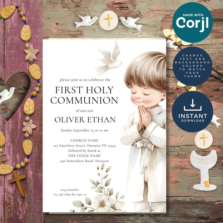 Communion Cards Invitation, First Holy Communion Invitation Cards, Holy Communion Cards, Communion Invitations Boy, Minimalist Template, Holy Communion Invitations, First Communion Invitations, Communion Invitations, First Holy Communion