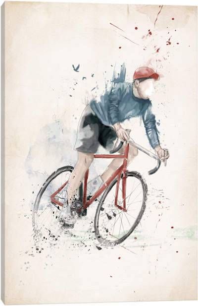 a watercolor painting of a man riding a bike