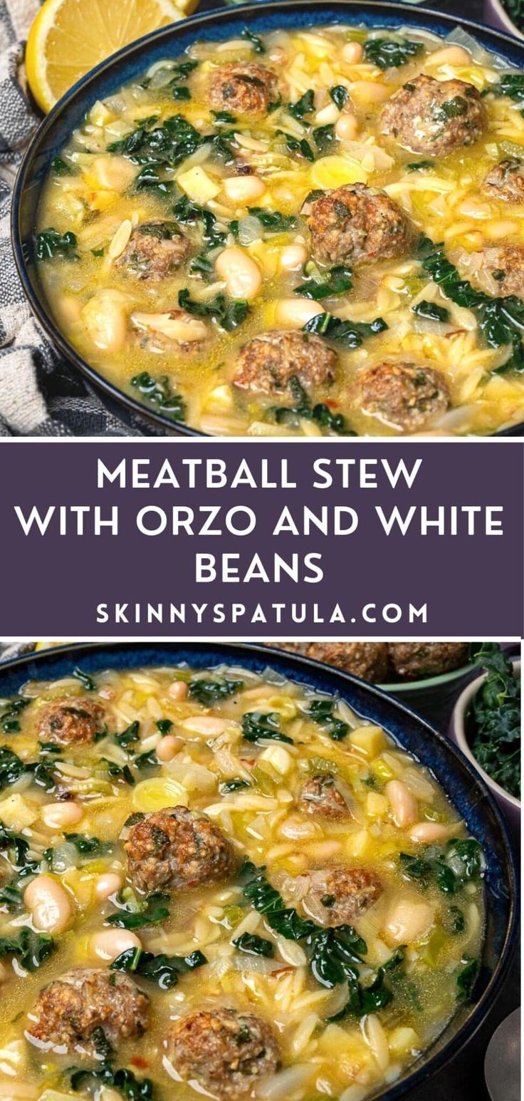 meatball stew with orzo and white beans in a skillet