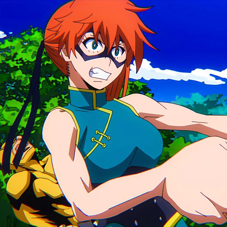 an anime character with red hair and glasses sitting on the ground in front of trees