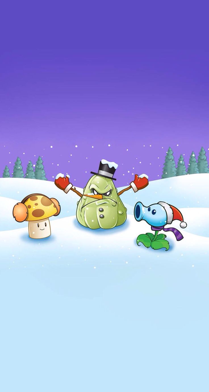 a cartoon character is standing in the snow with two mushrooms and an alien on his back