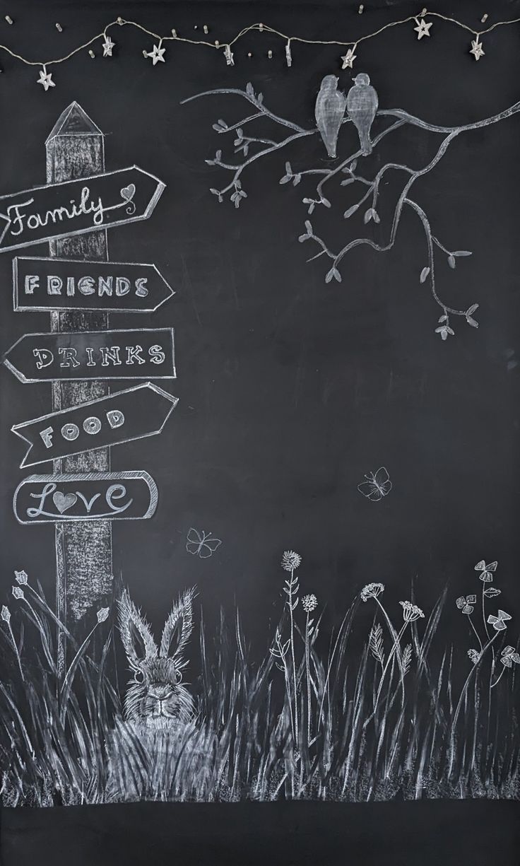 a chalkboard drawing of a rabbit in front of a signpost with arrows pointing to the right