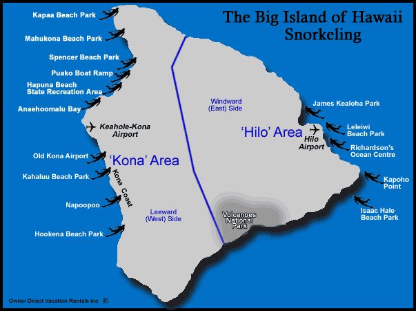 a map of the big island of hawaii, including kona area and kaua'i