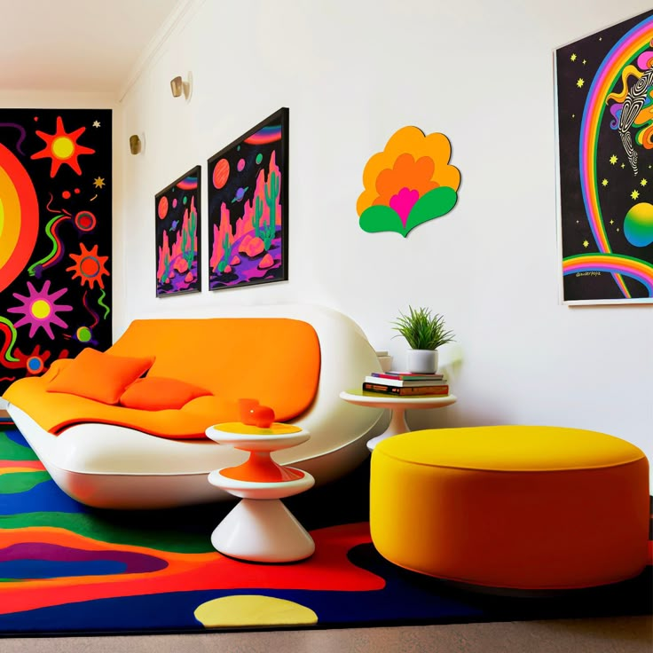 a brightly colored living room with art on the walls