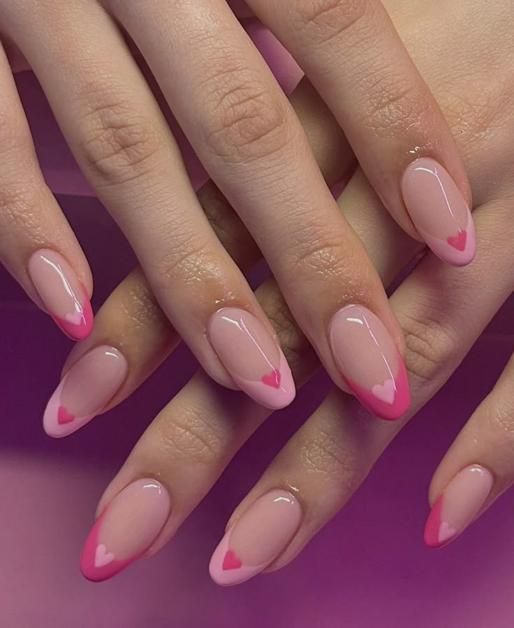 Nail Inspo Almond Pink And White, Pink Ideas Nails, Cute Pink Nail Ideas Short, Short Almond Pink Nails Designs, Easy Valentines Nails Short, Cute February Nails Almond, Nail Art On Pink Nails, Almond Valentines Nails Pink, Coffin Style Nails Short